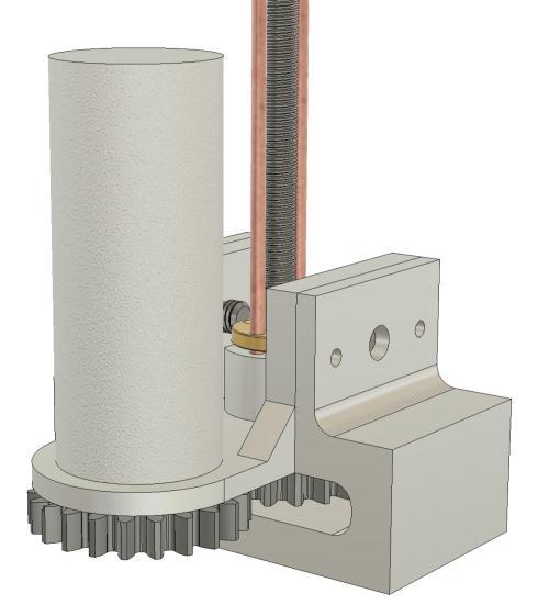 CAD close-up of the custom leadscrew actuator mechanism
